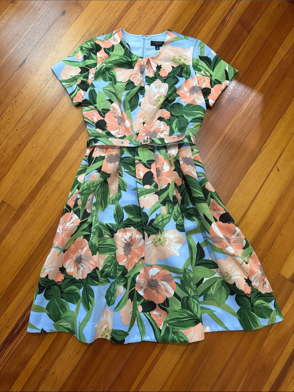 Tahari ASL Coral & Light Blue Floral Fit-and-Flare Dress